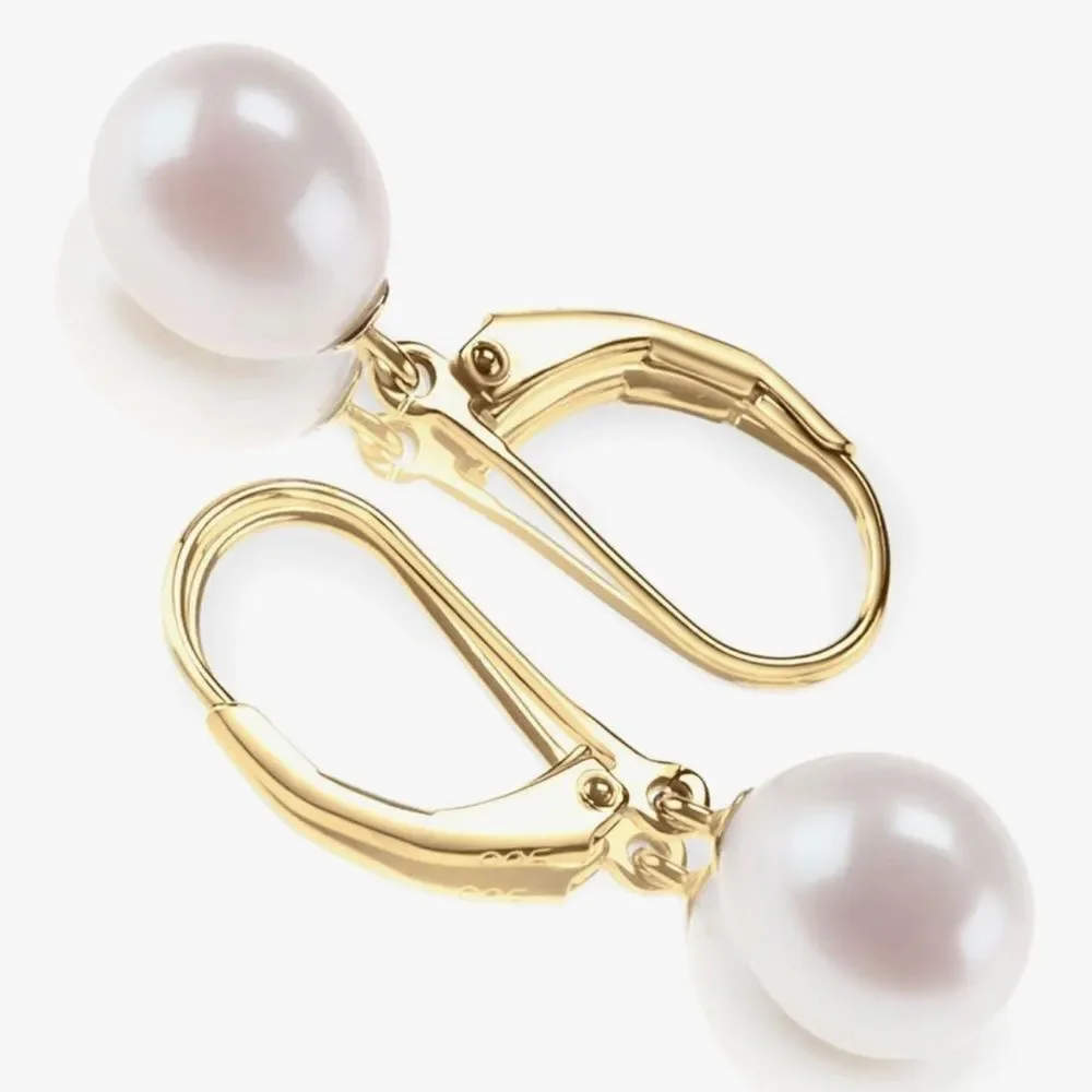 NEW 14K Gold Plated Gold and White Pearl Drop Hoop Earrings